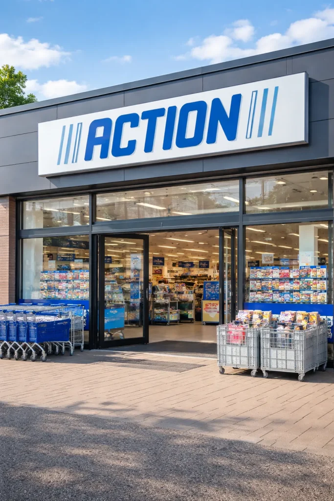 Moderne gevel van Action in Roermond met open ingang en winkelwagens buiten.