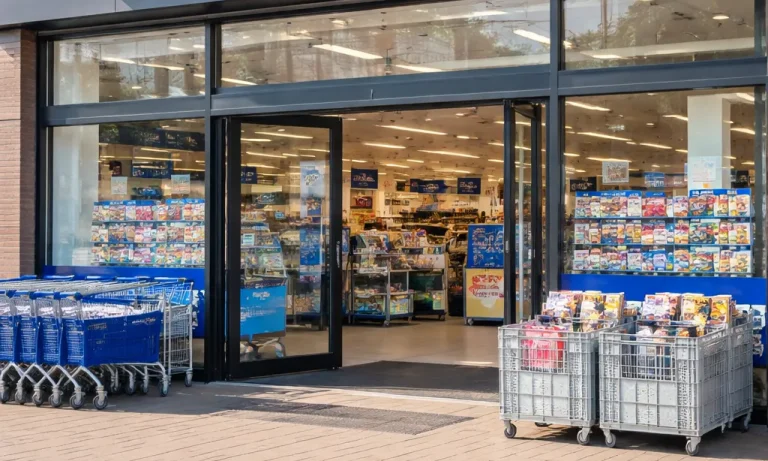 Moderne gevel van Action in Roermond met open ingang en winkelwagens buiten.