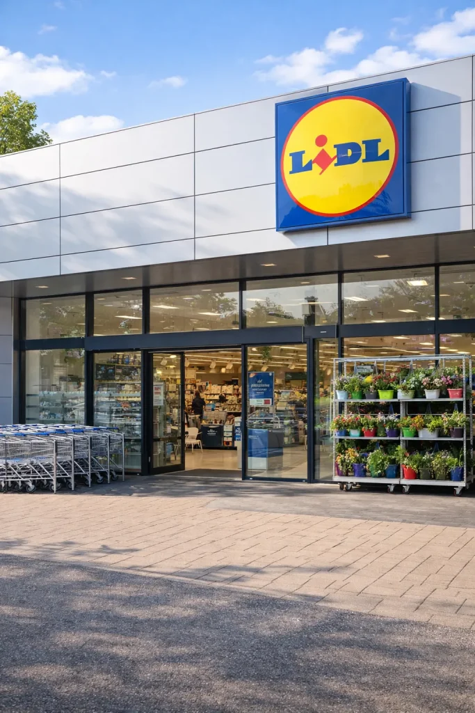 Moderne Lidl-winkel in Roermond met een heldere entree en winkelwagens buiten.