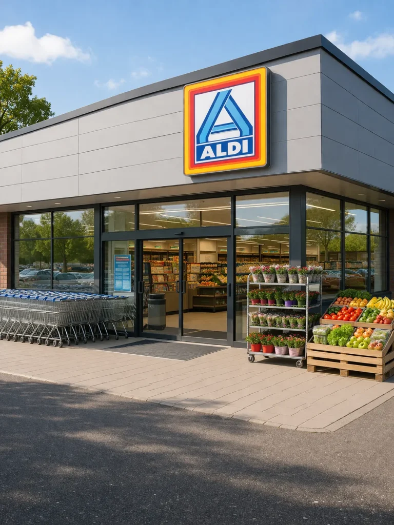 Realistische foto van een Aldi-filiaal in Roermond. Moderne winkelgevel zonder tekst in de afbeelding.