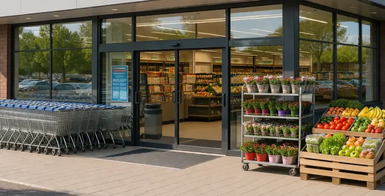 Realistische foto van een Aldi-filiaal in Roermond. Moderne winkelgevel zonder tekst in de afbeelding.