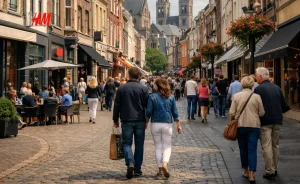Drukke winkelstraat in Roermond op zondag.