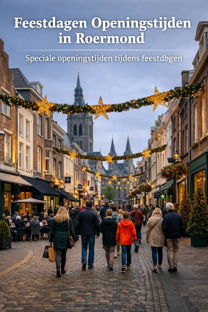 Drukke winkelstraat in Roermond tijdens feestdagen met shoppers en gezellige sfeer.