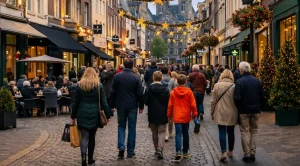 Drukke winkelstraat in Roermond tijdens feestdagen met shoppers en gezellige sfeer.