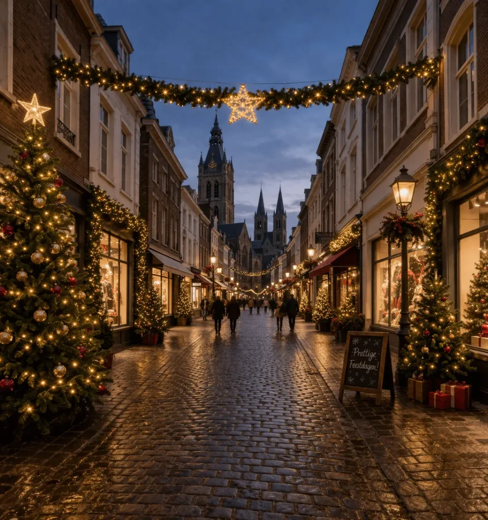 Gezellige winkelstraat in Roermond tijdens de kerstperiode.