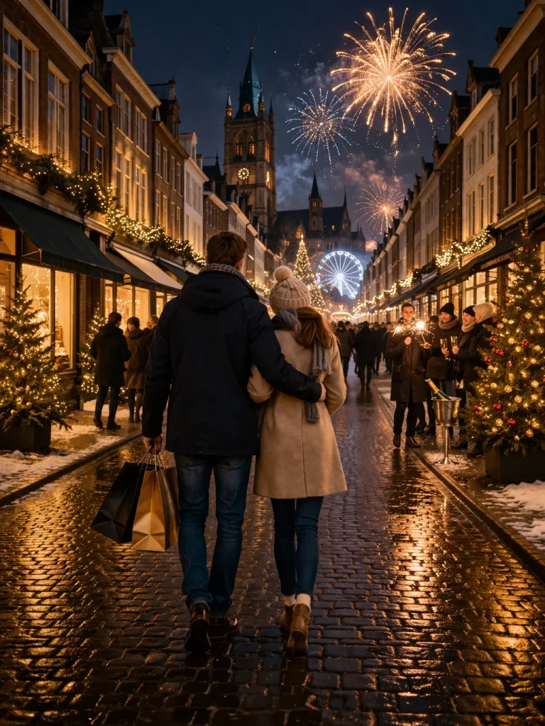 Sfeervolle winkelstraat in Roermond tijdens Oud en Nieuw, met feestverlichting en vuurwerk.