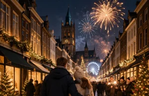 Sfeervolle winkelstraat in Roermond tijdens Oud en Nieuw, met feestverlichting en vuurwerk.