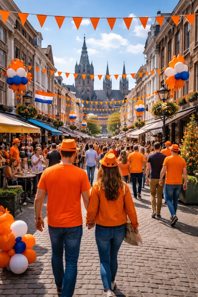 Gezellige winkelstraat in Roermond tijdens Koningsdag.