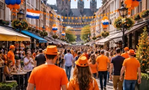 Gezellige winkelstraat in Roermond tijdens Koningsdag.
