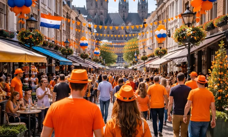Website index Gezellige winkelstraat in Roermond tijdens Koningsdag.