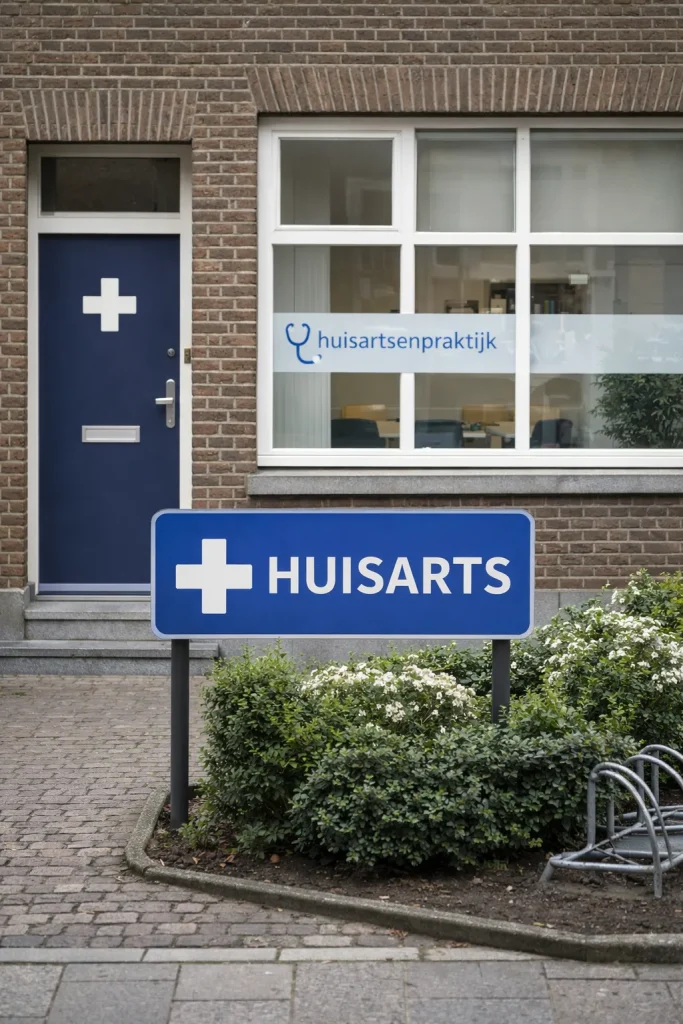 Realistische foto van een huisartsenpraktijk in Roermond, met een rustige straat en een duidelijke medische ingang.
