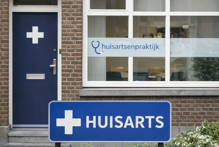 Website index Realistische foto van een huisartsenpraktijk in Roermond, met een rustige straat en een duidelijke medische ingang.